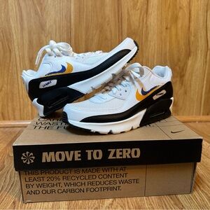 NEW Nike Air Max 90 GS sneakers, White/Deep Royal/University Gold. Size 5.5Y